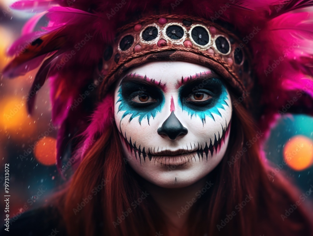 a woman with painted face and red hair