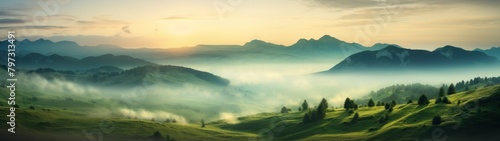 a foggy landscape with hills and trees