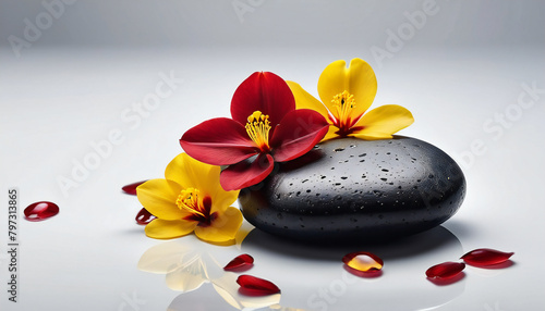 spa stone with red and yellow flower	
