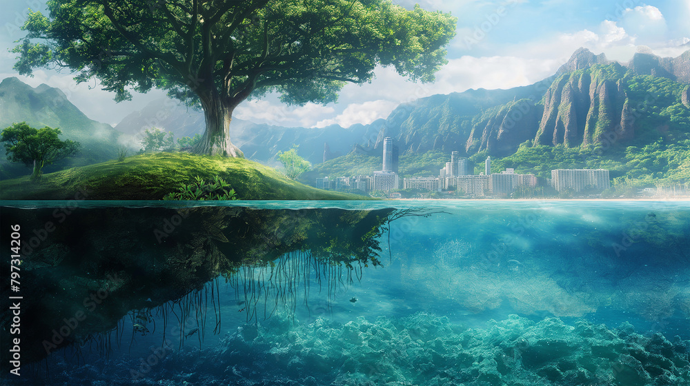 Big tree with nice view and underwater isolation background, Illustration