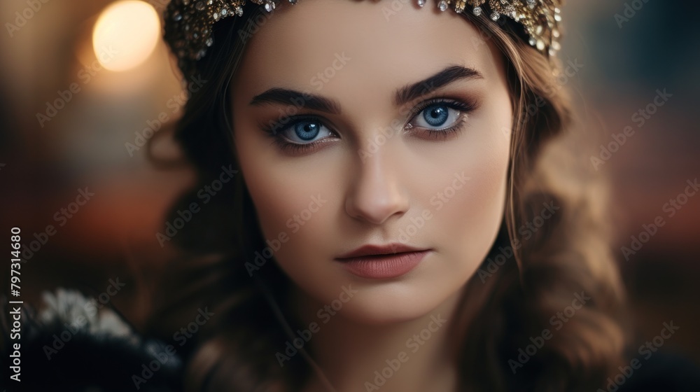 a woman with blue eyes and a gold crown