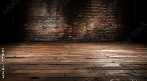 a room with brick walls and wooden floor