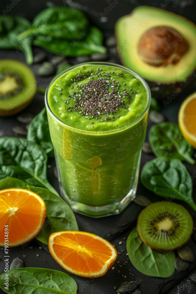 Fresh Green Smoothie with Chia Seeds and Avocado on Dark Background Fresh Green Smoothie with Chia Seeds and Avocado on Dark Background