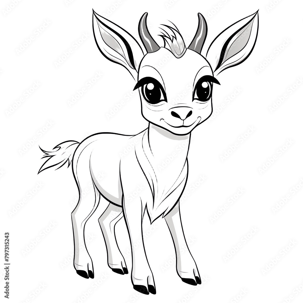 Cute baby antelope coloring page with big cute eyes and smiling