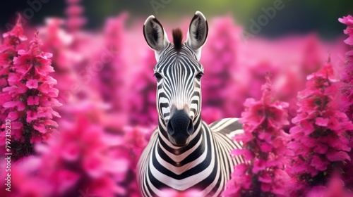 a zebra standing in front of pink flowers