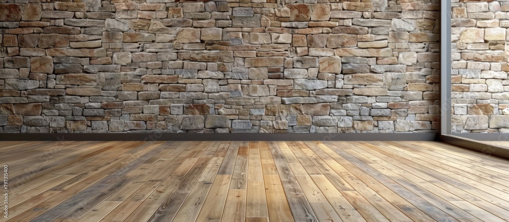 A detailed close-up of a wooden floor in front of a rugged stone wall creating an interesting texture and contrast