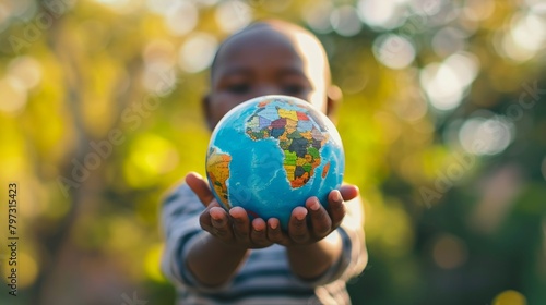 Little african boy holding a globe in the park on a sunny day