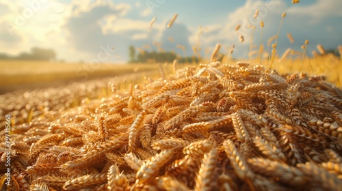 Abundant wheat harvest against the backdrop of a setting sun, symbolizing food abundance and agricultural success
