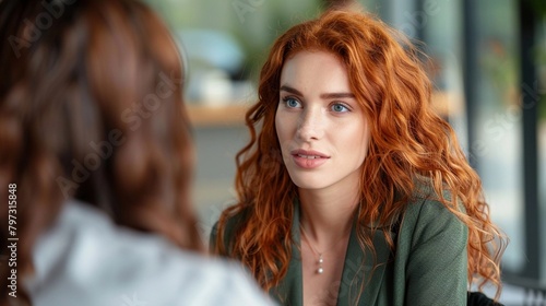 Confidential Conversation, A red-haired businesswoman engaged in a confidential conversation © Hifzhan Graphics