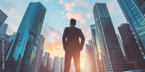 Man in suit standing in front of tall buildings