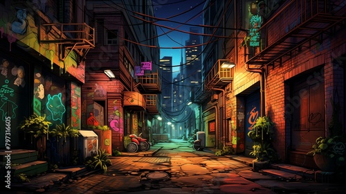 A bustling urban alleyway adorned with vibrant graffiti  illuminated by the soft glow of green and orange street lamps  creating an atmosphere of urban vibrancy.