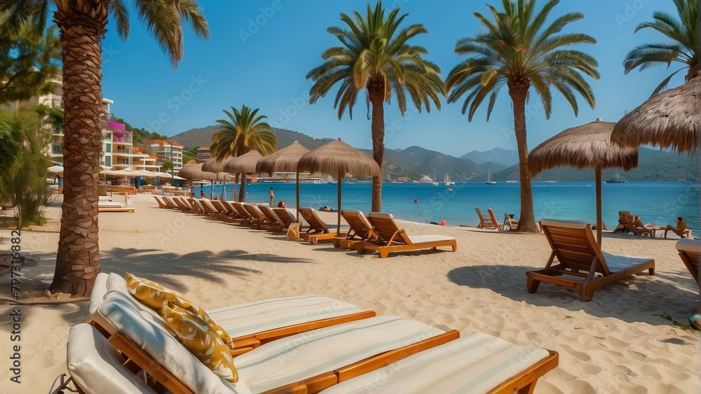Fototapeta premium Sunny beach scene with palm trees, lounge chairs, and parasols