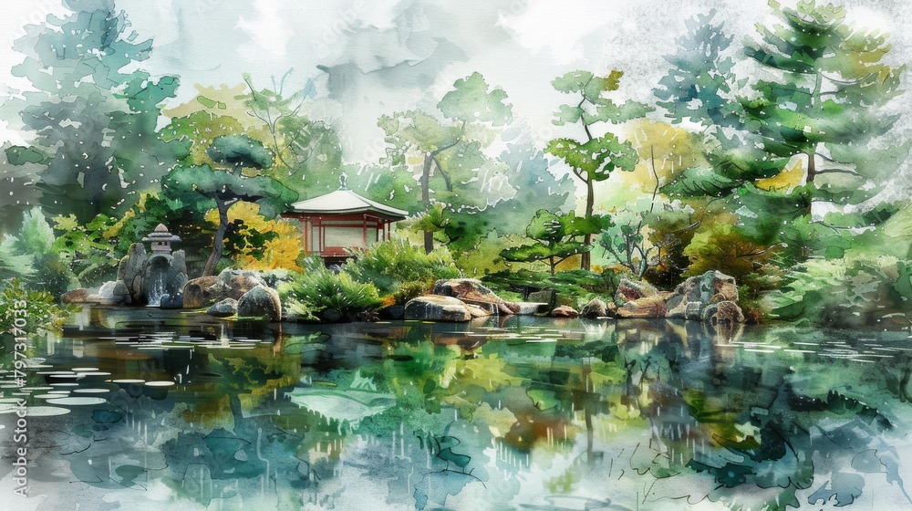 vintage watercolor painting of japanese garden with a pond
