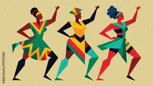 A group of dancers wearing bold geometric print outfits and performing a highenergy West African dance.. Vector illustration