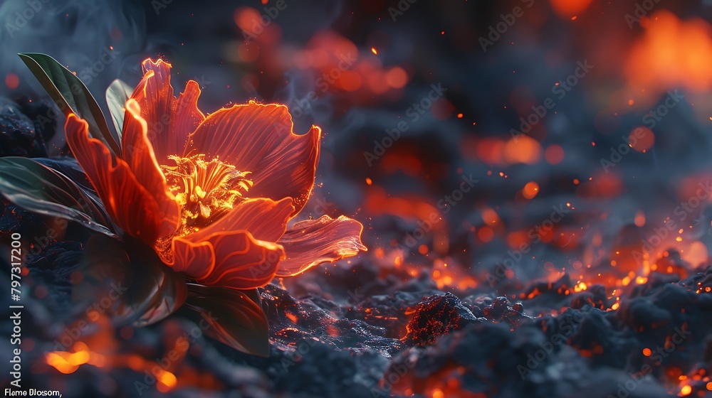 Paint a scene featuring the Flame Blossom a mythic Paint a scene featuring the Flame Blossom a mythic