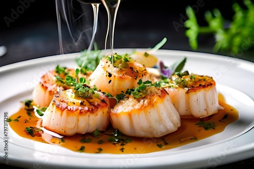 beautiful plate of sous vide seared scallops with herbs and spices