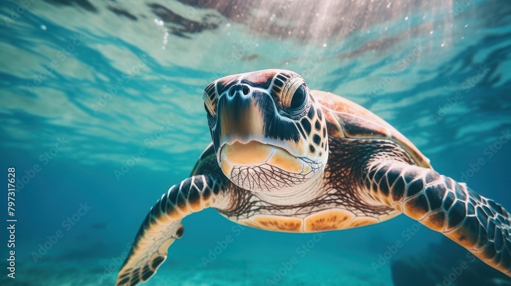 Fototapeta premium a turtle swimming underwater with sun rays