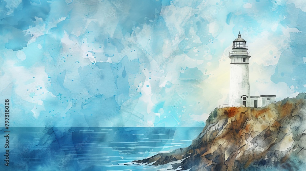 vintage watercolor painting of lighthouse on the edge of a cliff