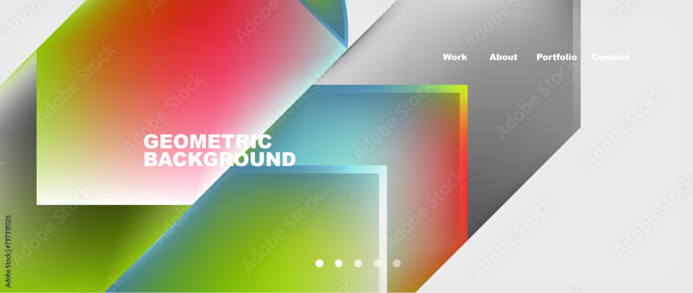 A vibrant geometric background featuring a gradient of colors like orange, magenta, and shades of blue. The design includes rectangles and triangles, creating a dynamic and colorful visual product