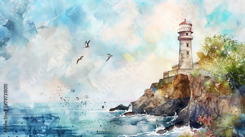 vintage watercolor painting of lighthouse on the edge of a cliff