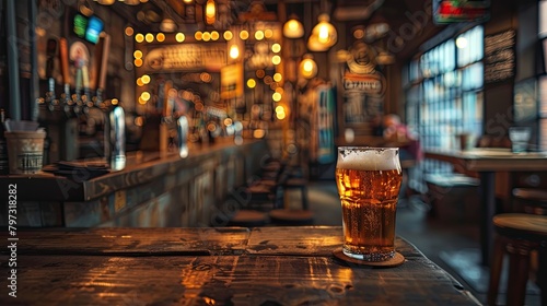 A pint of beer on a wooden table in a pub photo