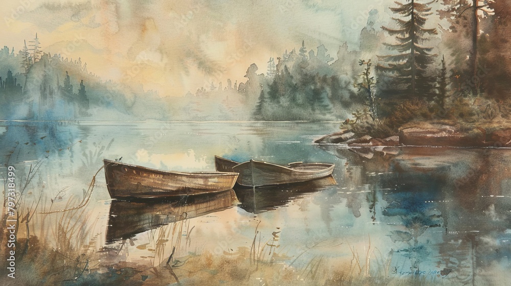 Obraz premium vintage watercolor painting of 2 boats on a calm lake with a misty atmosphere