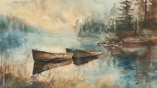vintage watercolor painting of 2 boats on a calm lake with a misty atmosphere © fledermausstudio