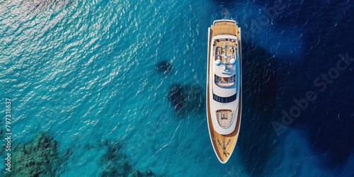 Aerial top view of luxury yacht nose with wooden deck anchored in paradise exotic turquoise island bay