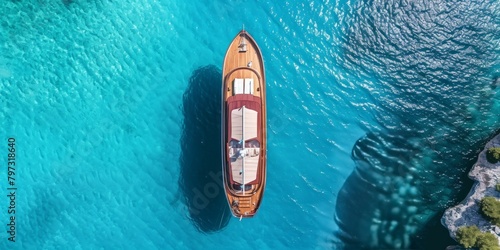 Aerial top view of luxury yacht nose with wooden deck anchored in paradise exotic turquoise island bay