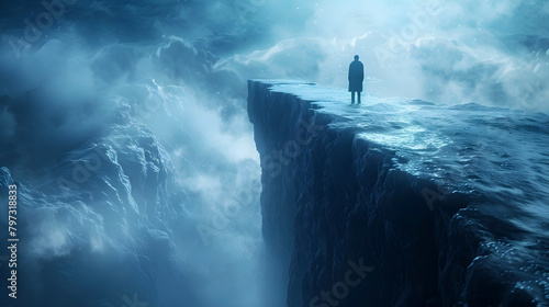 A Solitary Figure Stands Amidst the Celestial Abyss,Confronting the Tempestuous Forces of the Ethereal Landscape photo
