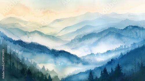 vintage watercolor painting landscape of mountains and valleys with misty atmosphere