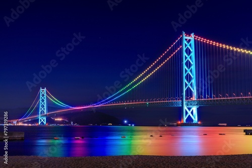 神戸市、明石海峡大橋のライトアップ（虹パターン） photo