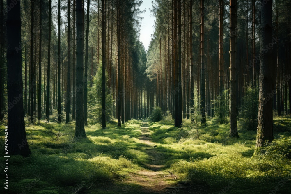 Fototapeta premium Deep pine forest background landscape sunlight woodland.