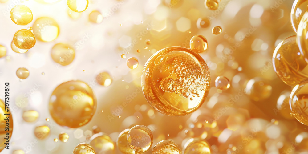 Golden yellow abstract oil bubbles or face serum background. Oil and water bubbles .golden yellow Bubbles oil or collagen serum for cosmetic product, banner poster Golden yellow abstract oil bubbles or face serum background. Oil and water bubbles .golden yellow Bubbles oil or collagen serum for cosmetic product, banner poster