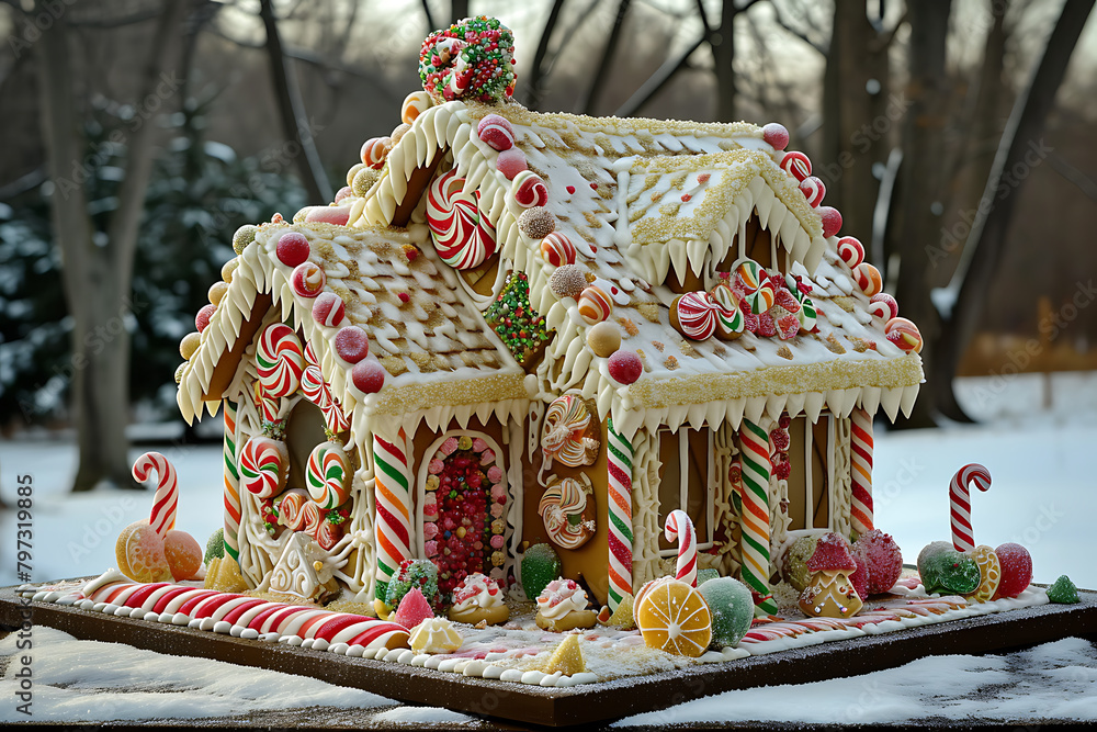 Gingerbread house with candies and candles on snow, closeup.
