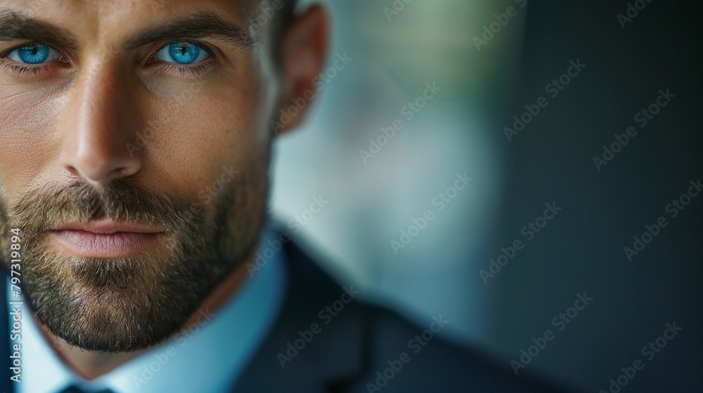 Powerful Gaze, A close-up shot of the successful businessman looking directly into the camera with a powerful gaze Powerful Gaze, A close-up shot of the successful businessman looking directly into the camera with a powerful gaze