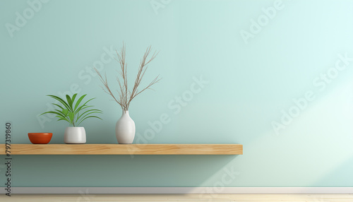 A wooden shelf with a potted plant and a vase on a blue wall background photo