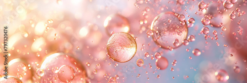 red pink abstract oil bubbles or face serum background. pink Oil and water bubbles molecule ,pink Bubbles oil or collagen serum for cosmetic product, banner poster 