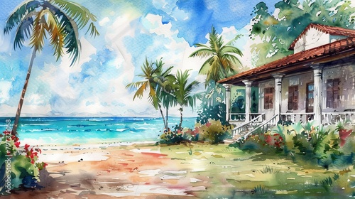 vintage watercolor painting of old villa with beautiful beach view photo