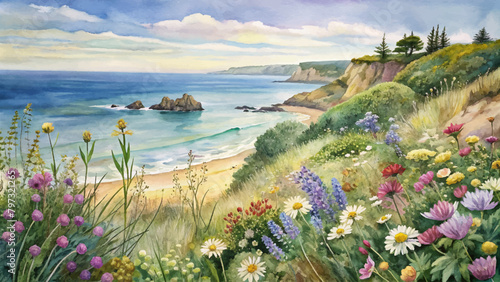 Watercolor background of wildflowers growing on the beach