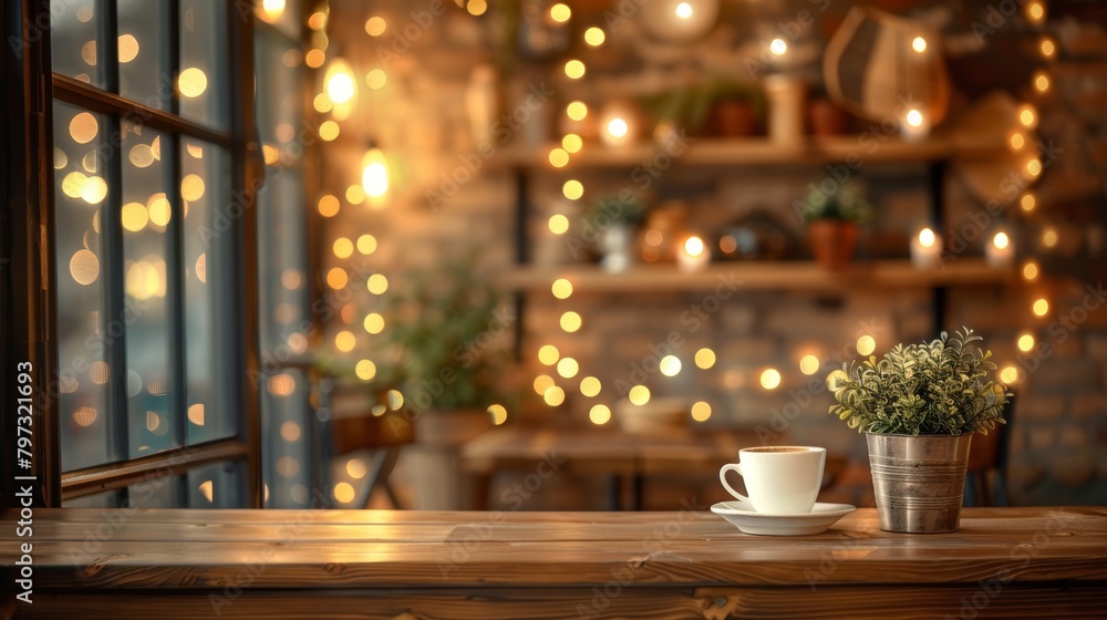Blurry background of a coffee shop with a wooden table, a mug of coffee and a small plant in focus perfect for showcasing a product