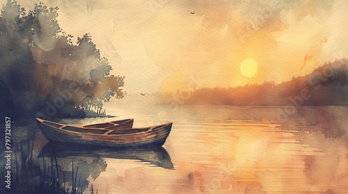 vintage watercolor painting of 2 boats on a calm lake with a misty atmosphere