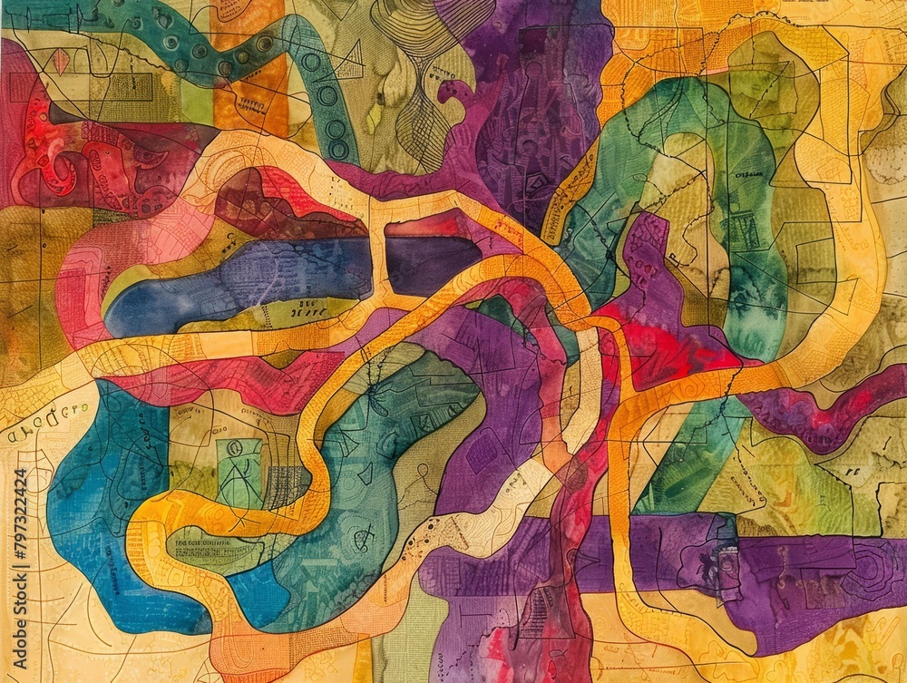 An abstract map with winding paths portrays the journey of knowledge acquisition 