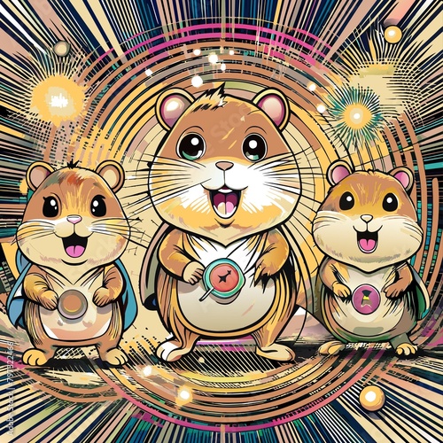 Cute cartoon hamster characters with different poses. Set of hamsters. Hamsters superheroes. JPEG version.