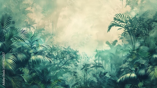 vintage watercolor painting of dense tropical forest with misty atmosphere © fledermausstudio