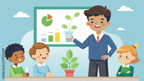 A young boy eagerly gives a presentation to his classmates showcasing the results of his first science experiment on plant growth and proudly