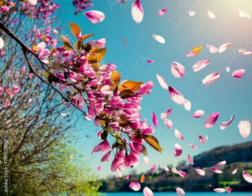 春の晴れた日に舞い散る桜