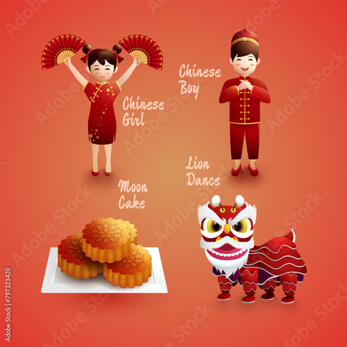 Chinese symbols tradition design illustration vector set with Chinese Girl.Chinese Boy.Moon Cake.Lion Dance