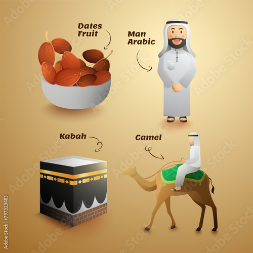 Arabic symbols tradition design illustration vector set with dates fruit.Man arabic.kabah.Camel photo