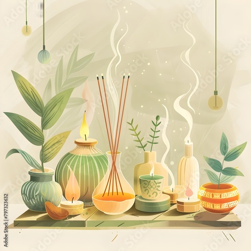 Soothing Aromatherapy Display with Incense Sticks,Candles,and Diffusers for Creating a Calming and Inviting Atmosphere in Spa Rooms